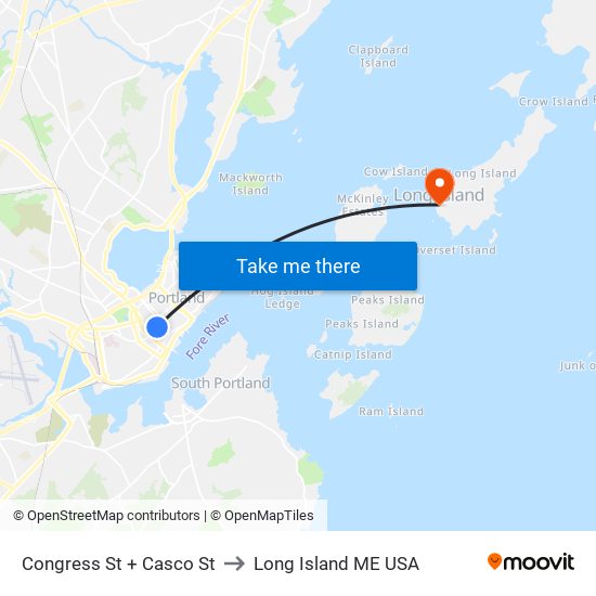 Congress St + Casco St to Long Island ME USA map