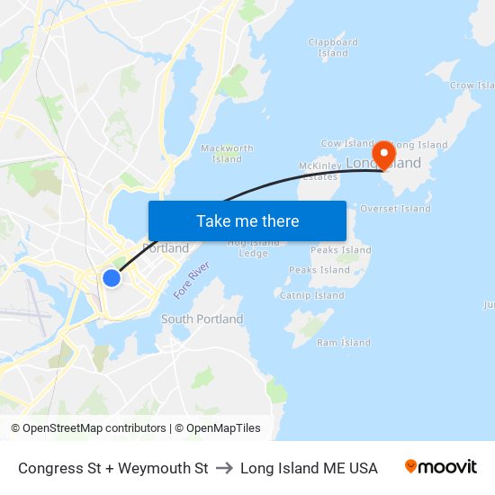 Congress St + Weymouth St to Long Island ME USA map