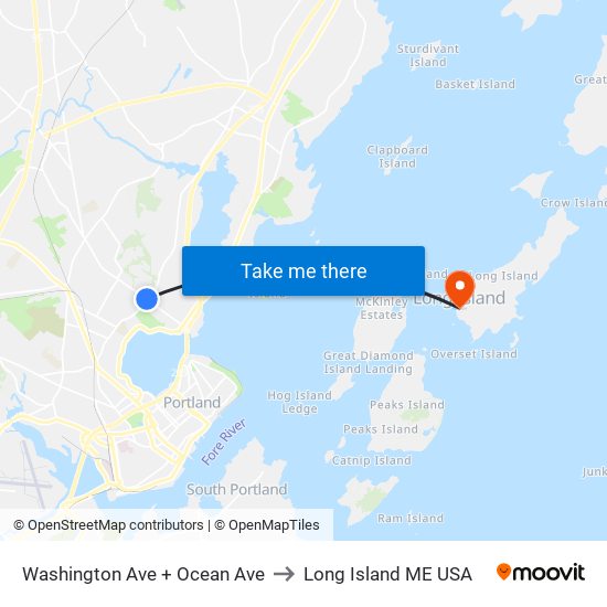 Washington Ave + Ocean Ave to Long Island ME USA map