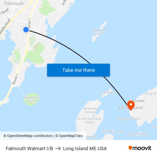 Falmouth Walmart I/B to Long Island ME USA map