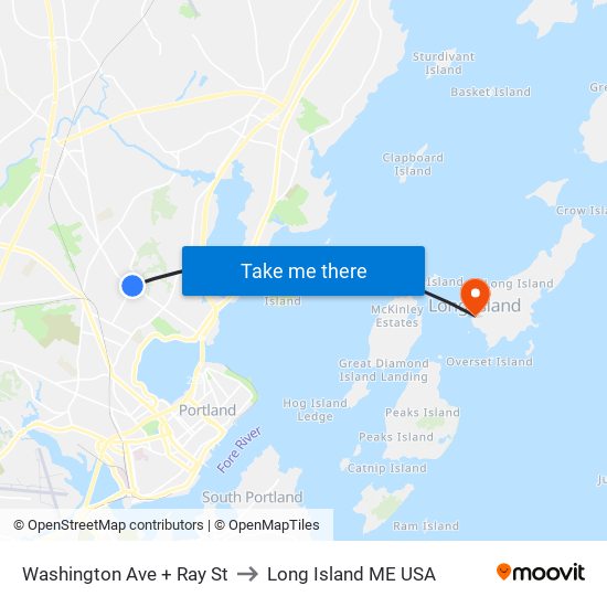 Washington Ave + Ray St to Long Island ME USA map