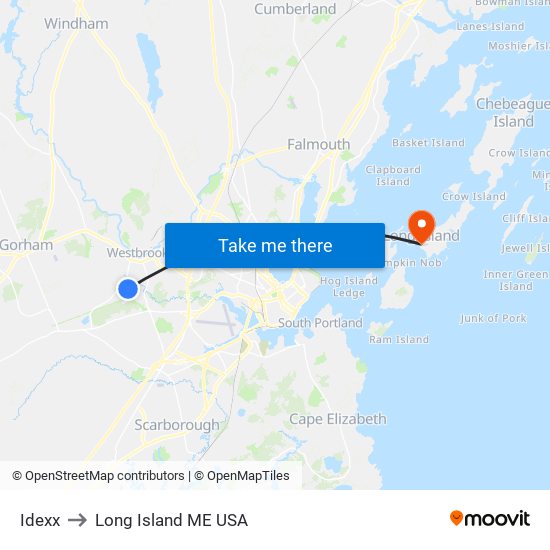 Idexx to Long Island ME USA map