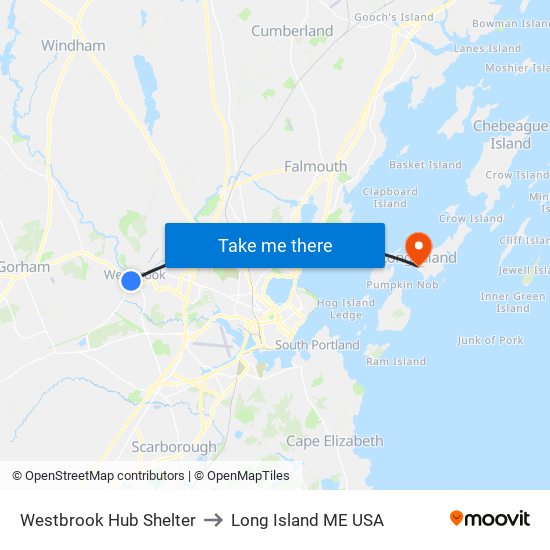 Westbrook Hub Shelter to Long Island ME USA map