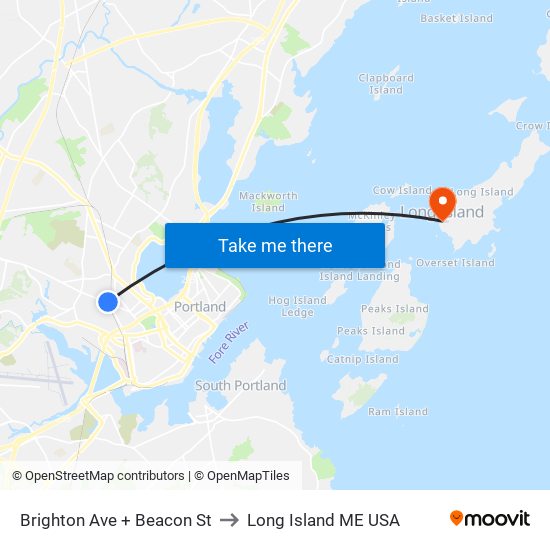 Brighton Ave + Beacon St to Long Island ME USA map