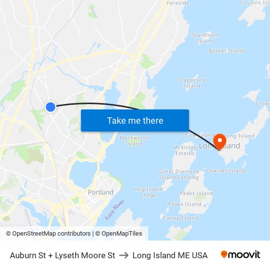 Auburn St + Lyseth Moore St to Long Island ME USA map