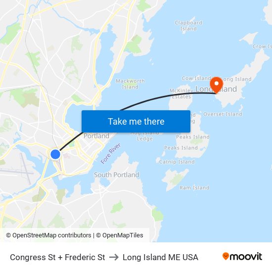 Congress St + Frederic St to Long Island ME USA map