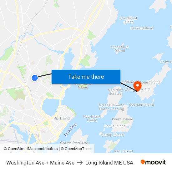Washington Ave + Maine Ave to Long Island ME USA map