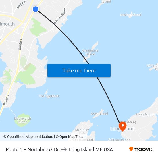 Route 1 + Northbrook Dr to Long Island ME USA map