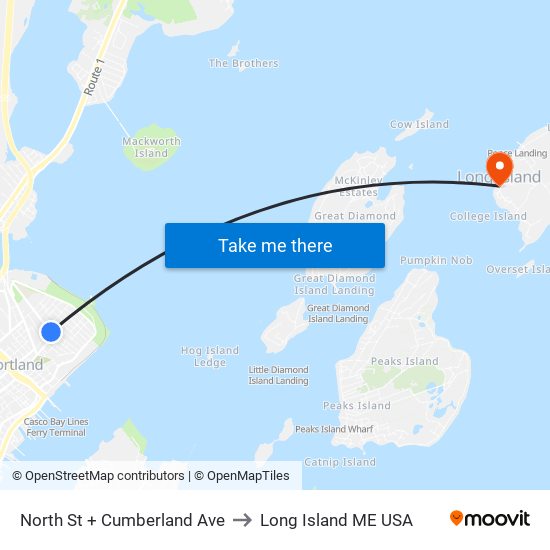 North St + Cumberland Ave to Long Island ME USA map