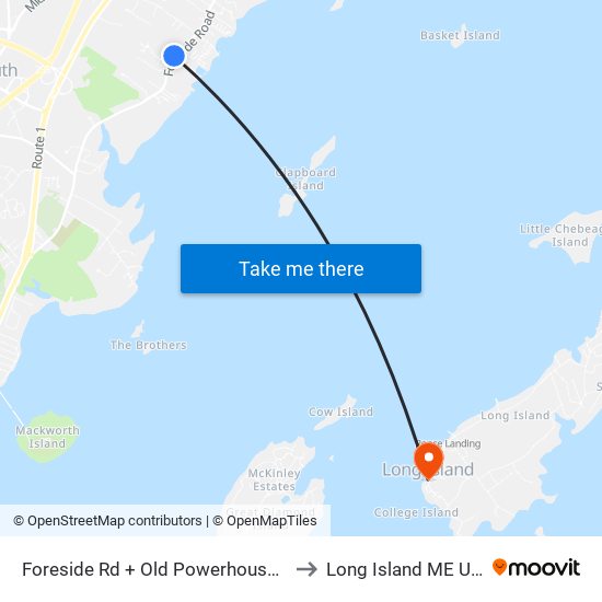 Foreside Rd + Old Powerhouse Rd to Long Island ME USA map