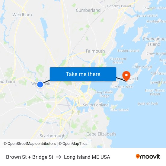Brown St + Bridge St to Long Island ME USA map