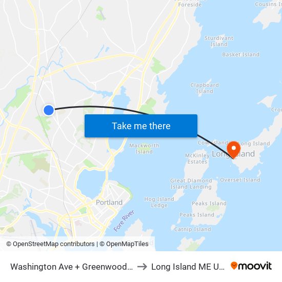 Washington Ave + Greenwood Ln to Long Island ME USA map