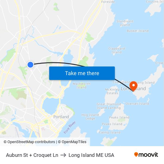 Auburn St + Croquet Ln to Long Island ME USA map