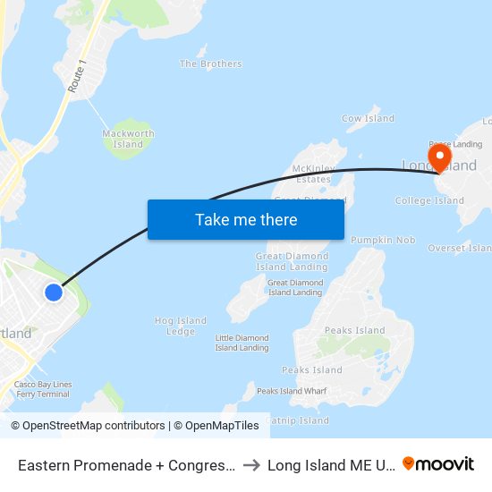 Eastern Promenade + Congress St to Long Island ME USA map