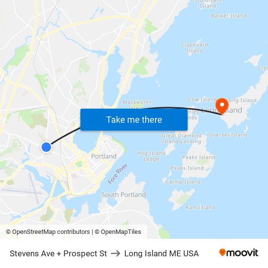 Stevens Ave + Prospect St to Long Island ME USA map