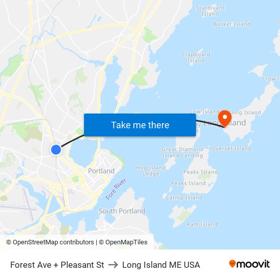 Forest Ave + Pleasant St to Long Island ME USA map