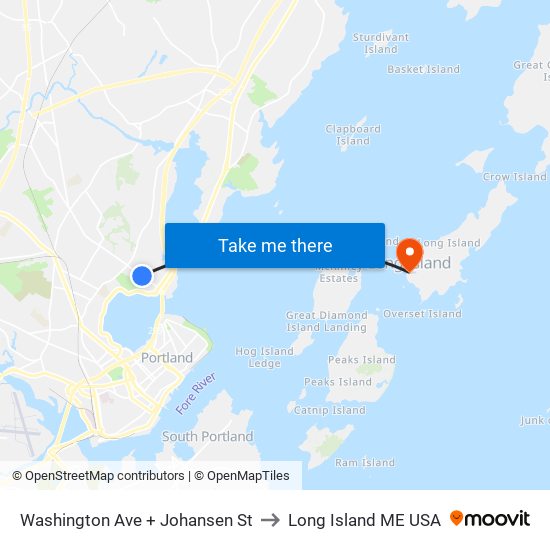 Washington Ave + Johansen St to Long Island ME USA map