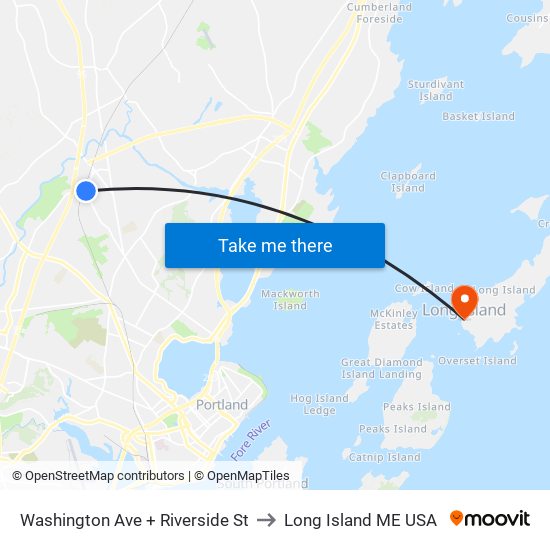 Washington Ave + Riverside St to Long Island ME USA map