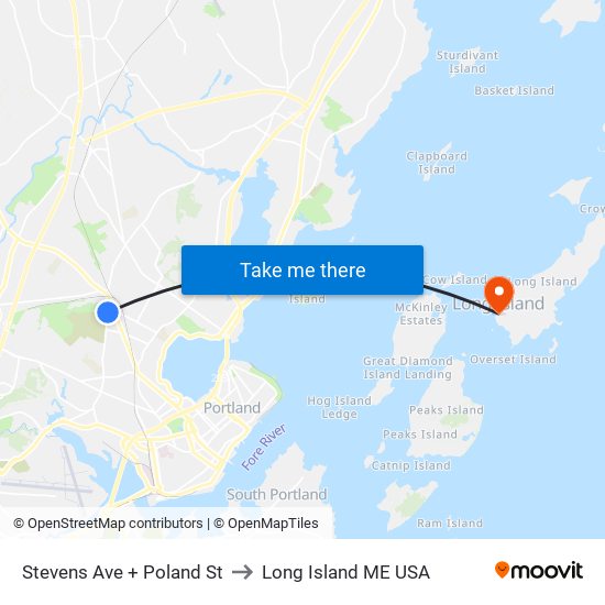 Stevens Ave + Poland St to Long Island ME USA map