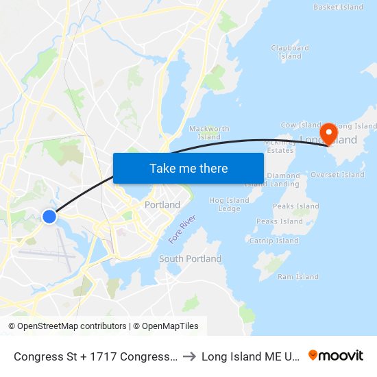 Congress St + 1717 Congress St to Long Island ME USA map