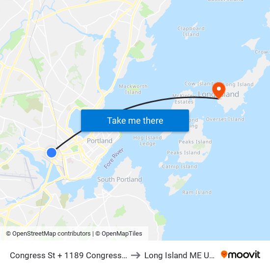 Congress St + 1189 Congress St to Long Island ME USA map