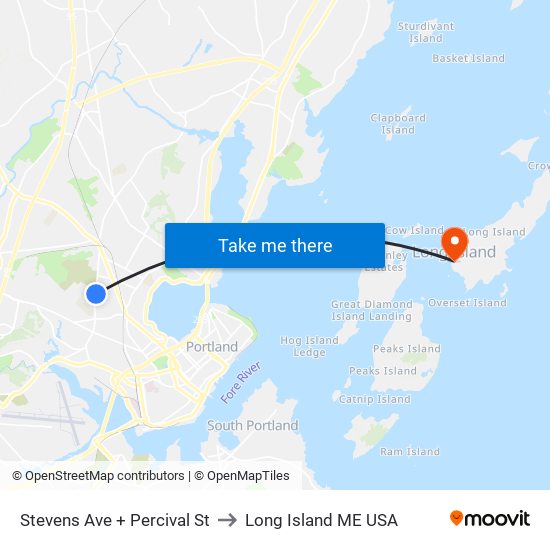 Stevens Ave + Percival St to Long Island ME USA map