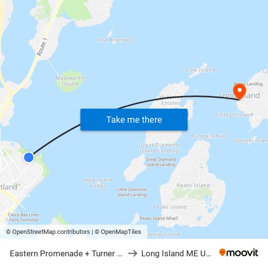 Eastern Promenade + Turner St to Long Island ME USA map