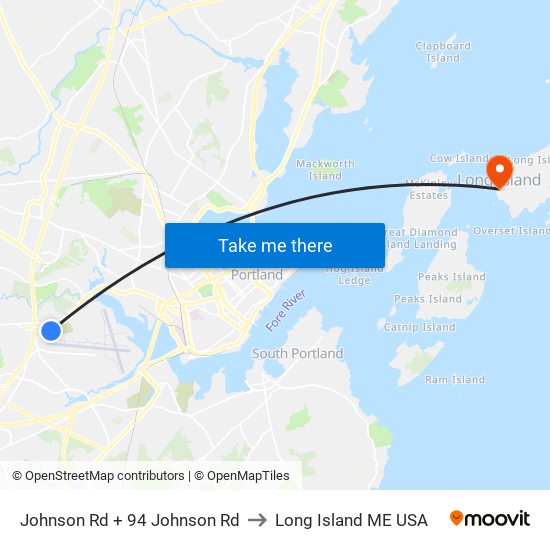Johnson Rd + 94 Johnson Rd to Long Island ME USA map