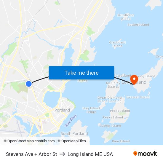 Stevens Ave + Arbor St to Long Island ME USA map