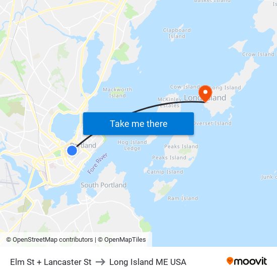 Elm St + Lancaster St to Long Island ME USA map