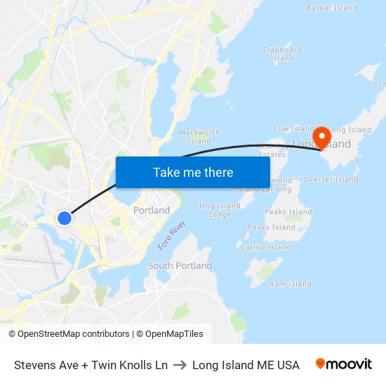 Stevens Ave + Twin Knolls Ln to Long Island ME USA map