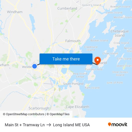 Main St + Tramway Ln to Long Island ME USA map