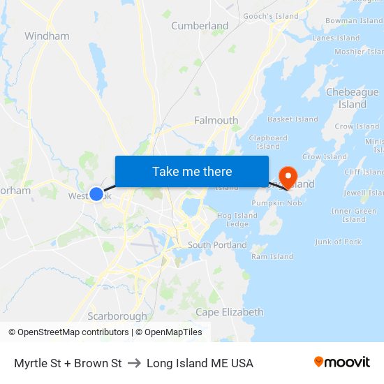 Myrtle St + Brown St to Long Island ME USA map