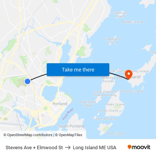 Stevens Ave + Elmwood St to Long Island ME USA map