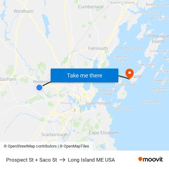 Prospect St + Saco St to Long Island ME USA map