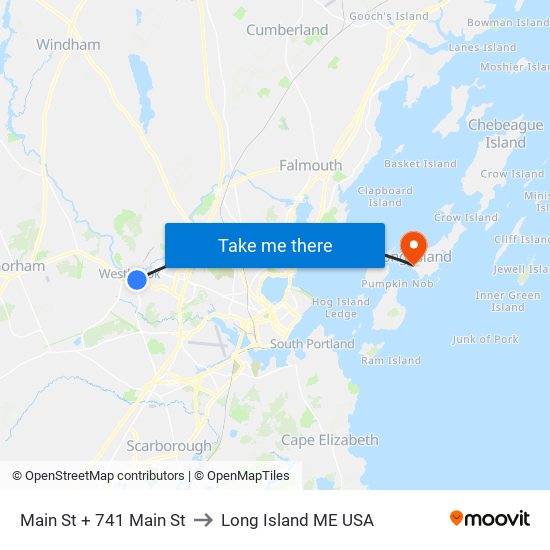 Main St + 741 Main St to Long Island ME USA map