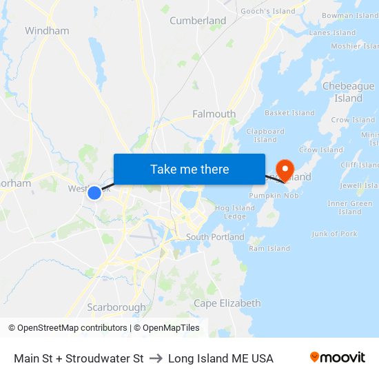 Main St + Stroudwater St to Long Island ME USA map