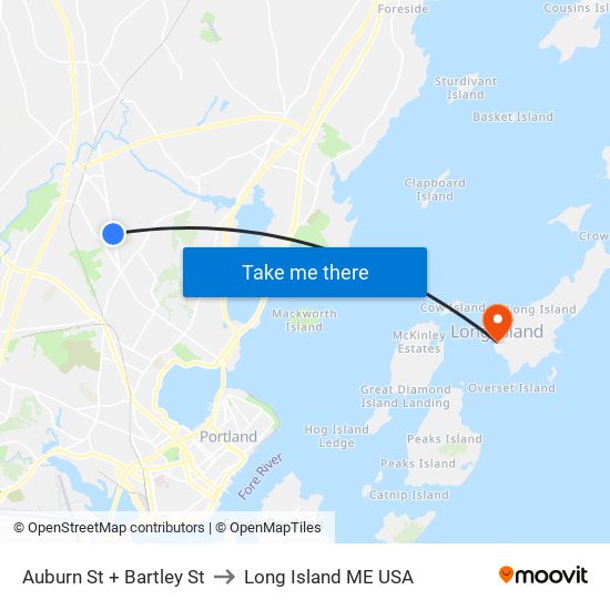 Auburn St + Bartley St to Long Island ME USA map