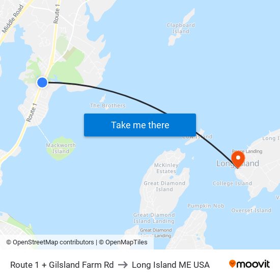 Route 1 + Gilsland Farm Rd to Long Island ME USA map