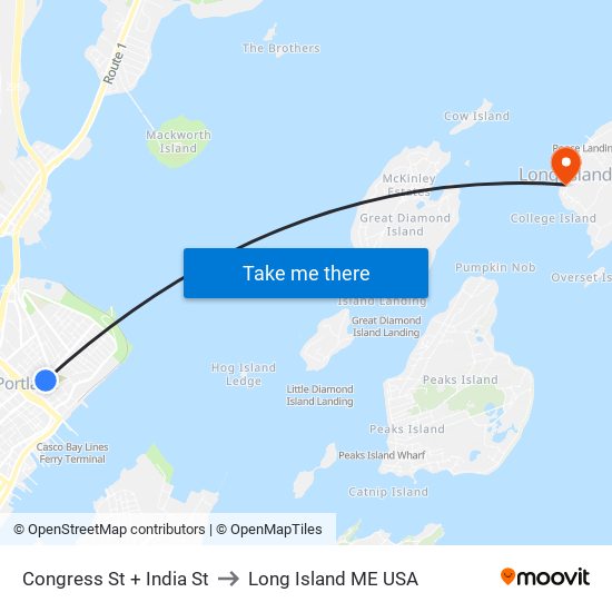 Congress St + India St to Long Island ME USA map