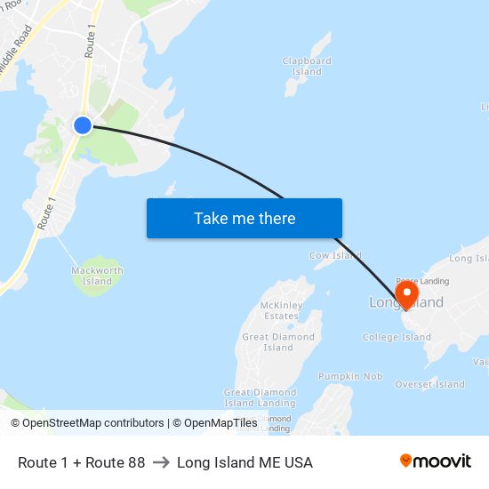 Route 1 + Route 88 to Long Island ME USA map