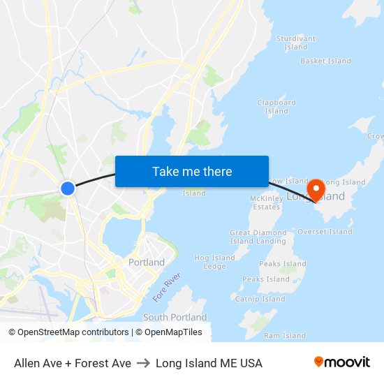 Allen Ave + Forest Ave to Long Island ME USA map