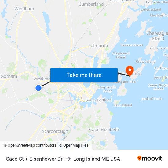 Saco St + Eisenhower Dr to Long Island ME USA map