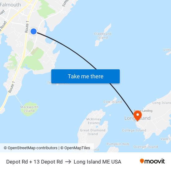 Depot Rd + 13 Depot Rd to Long Island ME USA map