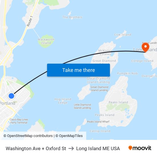 Washington Ave + Oxford St to Long Island ME USA map