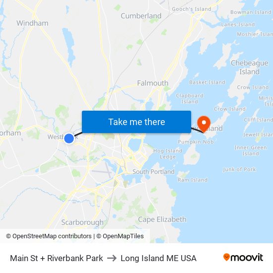 Main St + Riverbank Park to Long Island ME USA map