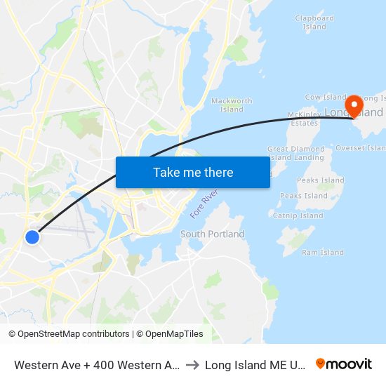 Western Ave + 400 Western Ave to Long Island ME USA map