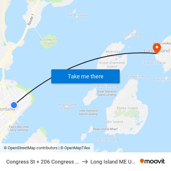 Congress St + 206 Congress St to Long Island ME USA map