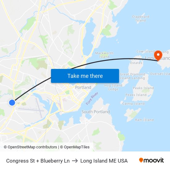 Congress St + Blueberry Ln to Long Island ME USA map