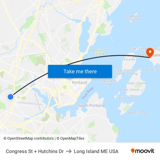 Congress St + Hutchins Dr to Long Island ME USA map